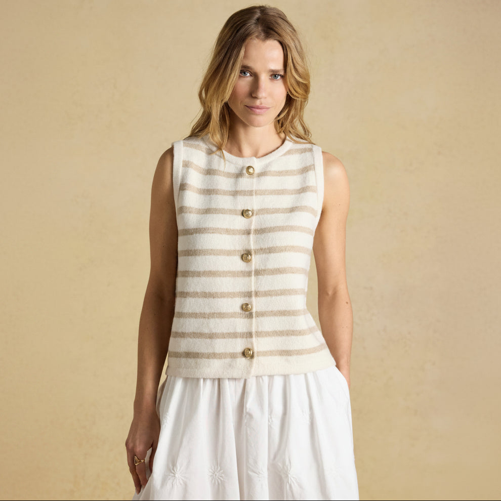Joules Holly Striped Button Through Knitted Vest Cream-Oat