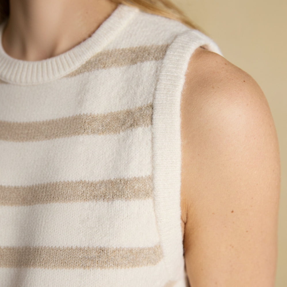 Joules Holly Striped Button Through Knitted Vest Cream-Oat