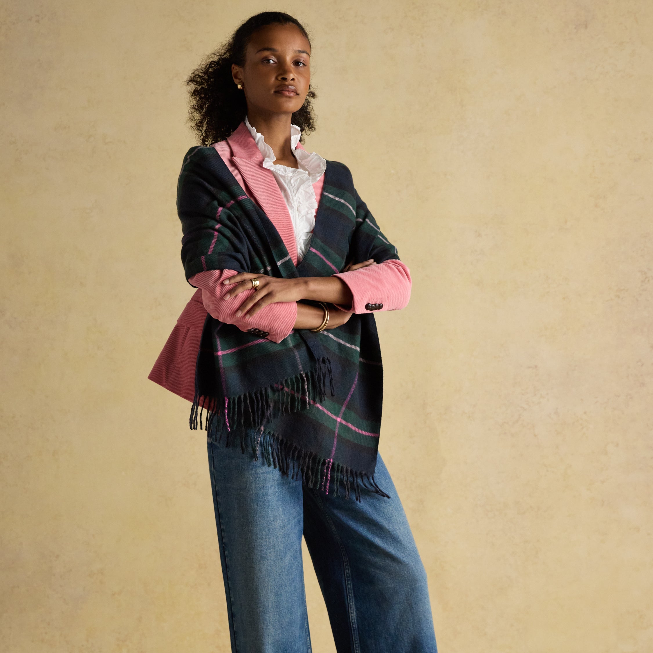 Joules Langtree Large Unisex Scarf Navy-Pink Check