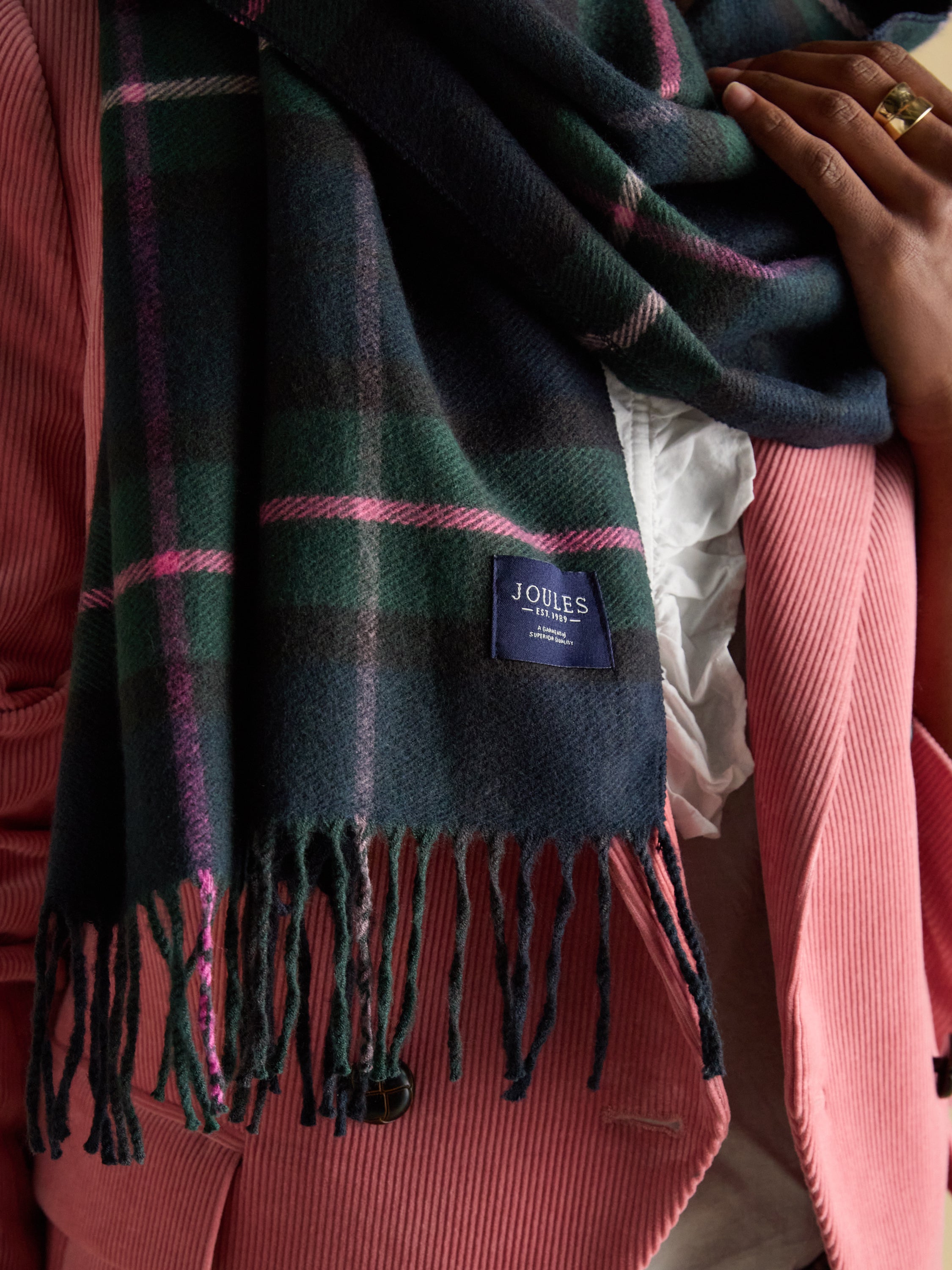 Joules Langtree Large Unisex Scarf Navy-Pink Check