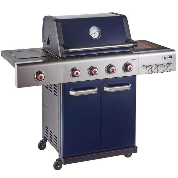 Outback Jupiter Blue 4 Burner Hybrid BBQ with Chopping Board 1
