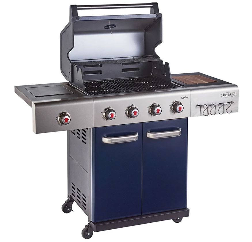 Outback Jupiter Blue 4 Burner Hybrid BBQ with Chopping Board 2