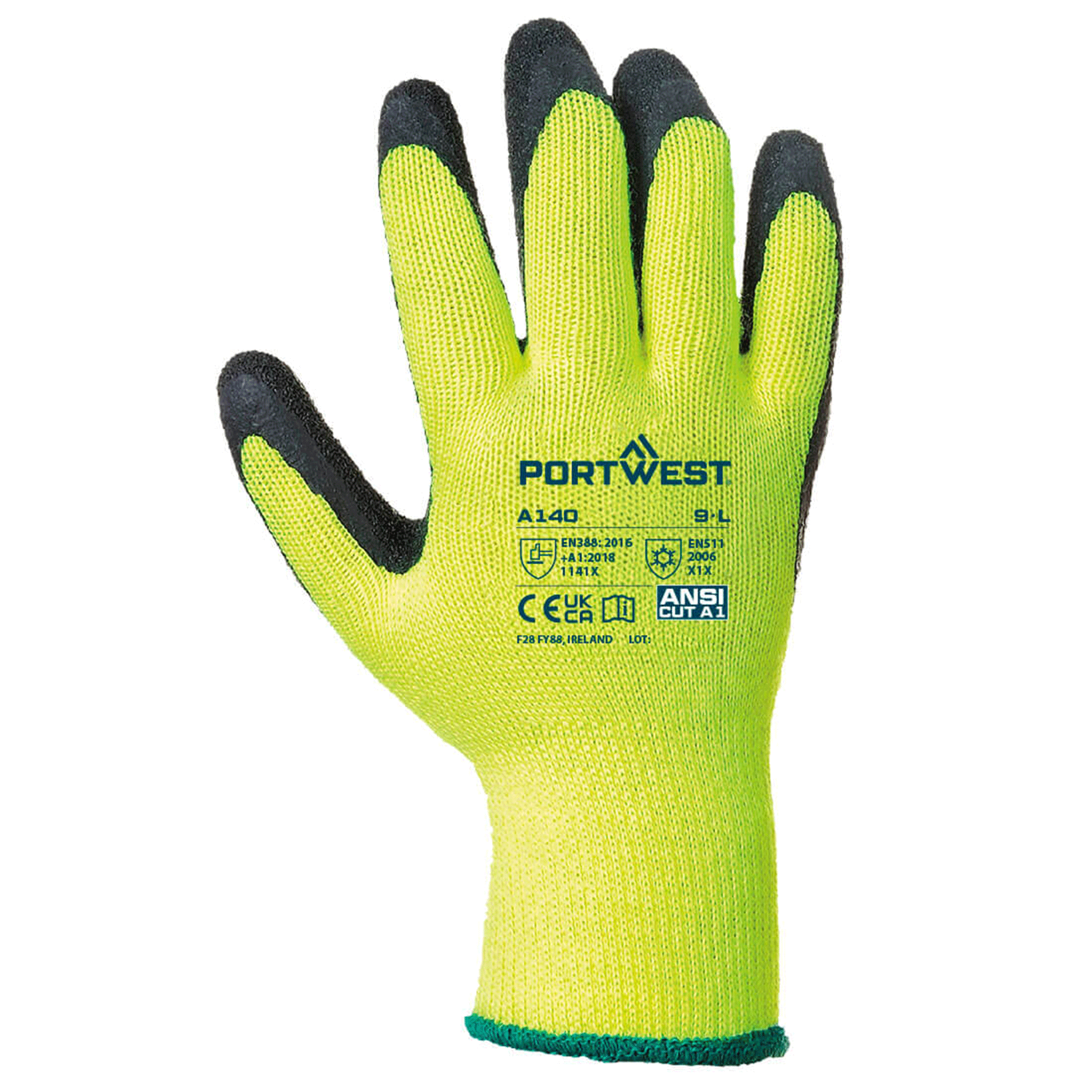 Portwest A140 Cold 10 Latex Crinkle Glove in Yellow & Black