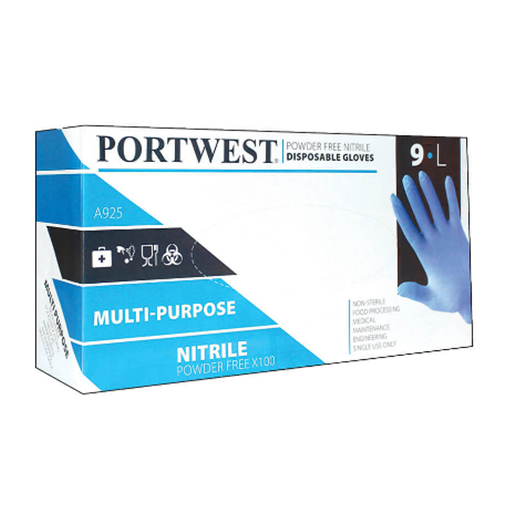 Portwest A925 Powder Free Blue Nitrile Disposable Gloves (Box of 100) 1