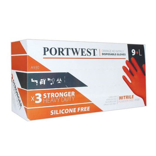 Portwest A930 Powder Free Orange HD Nitrile Disposable Gloves (Box of 100) 1