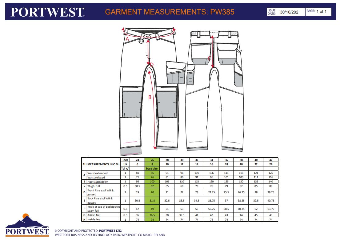 Portwest Size Guide - Trousers