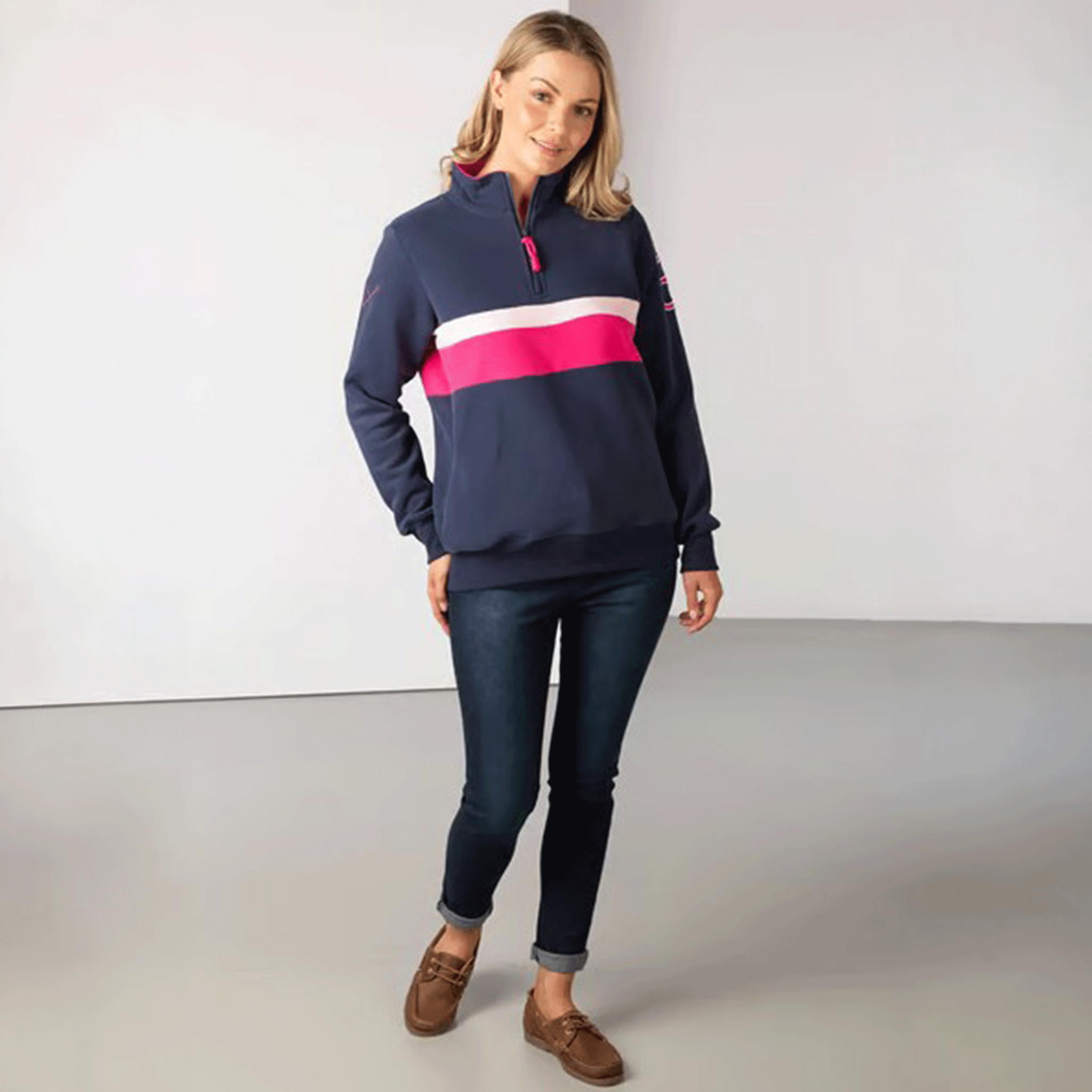 Rydale Bramham Ladies Quarter Zip Stripe Sweatshirt Navy-Bonbon