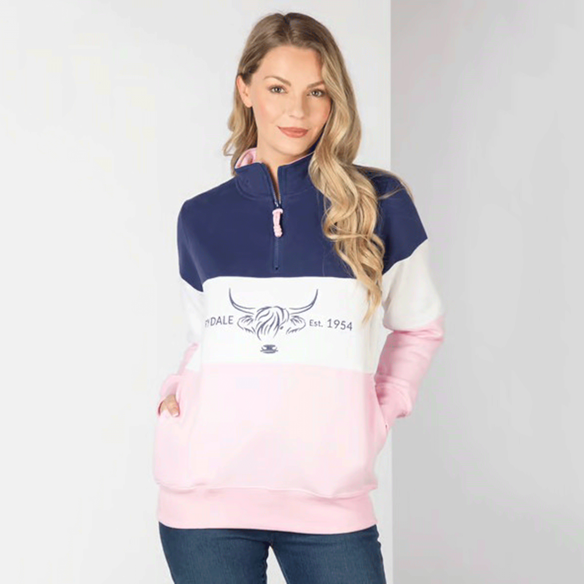 Rydale Byland Ladies Quarter Zip Sweatshirt Cow Denim-White-Sorbet