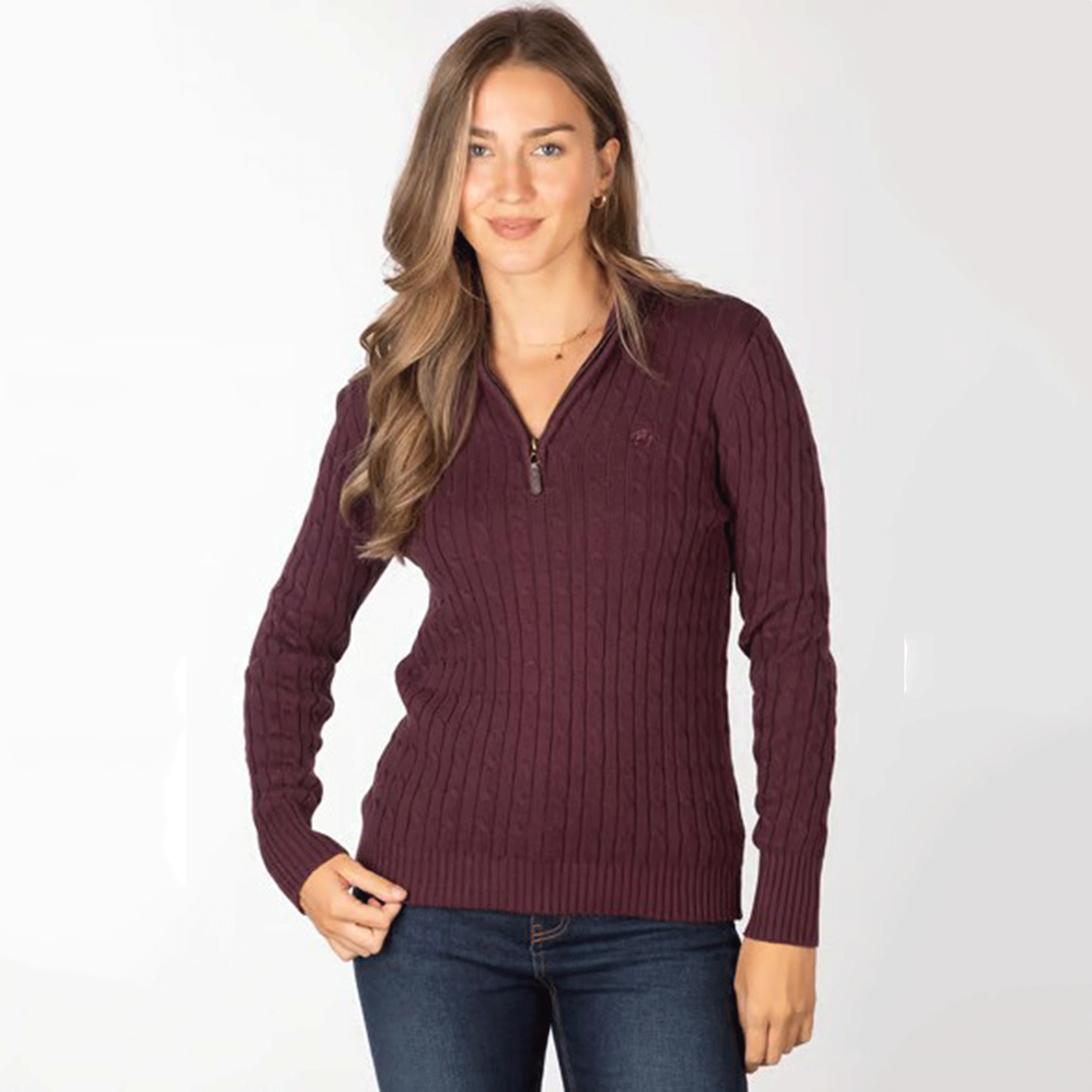 Rydale Emma Ladies Quarter Zip Cable Knit Jumper Burgundy