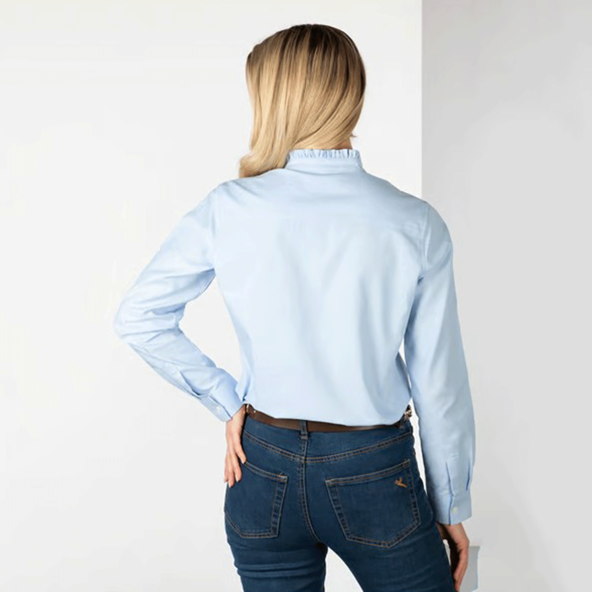 Rydale Ivy Ladies Oxford Cotton Ruffled Shirt Blue