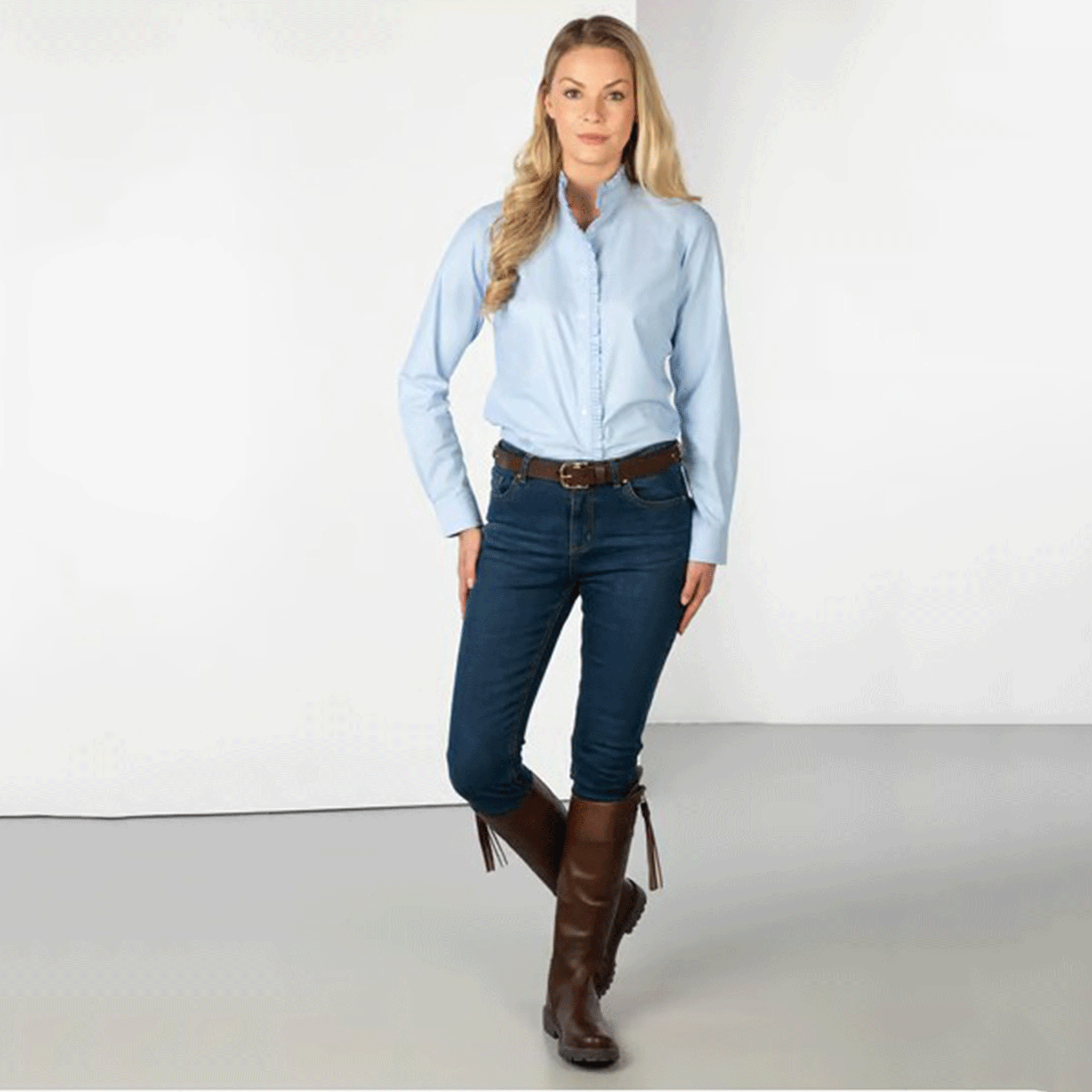 Rydale Ivy Ladies Oxford Cotton Ruffled Shirt Blue