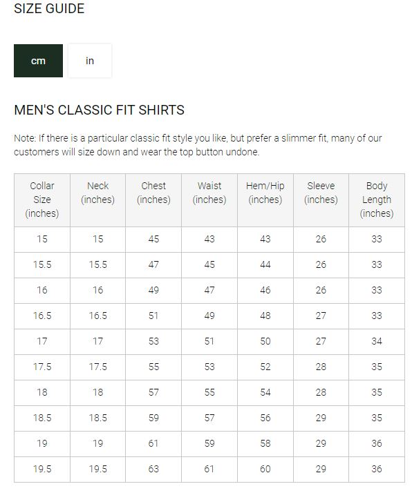 Schoffel Classic Fit Shirts - Size Guide