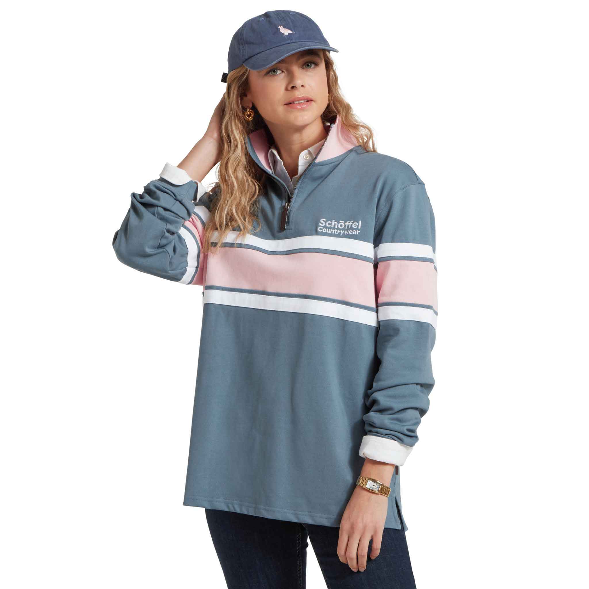 Schoffel-Exmouth-Heritage-Qtr-Zip-Rugby-Shirt-Dark-Pigeon-Blue-Chalky-Coral-4