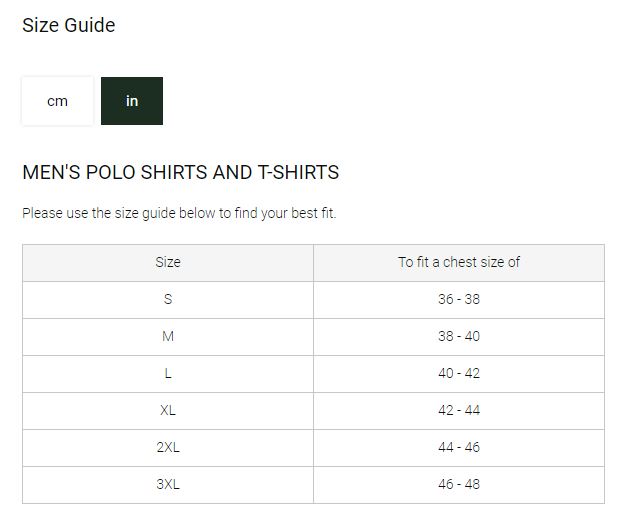 Schoffel Men's Polo Shirts & T Shirts - Size Guide