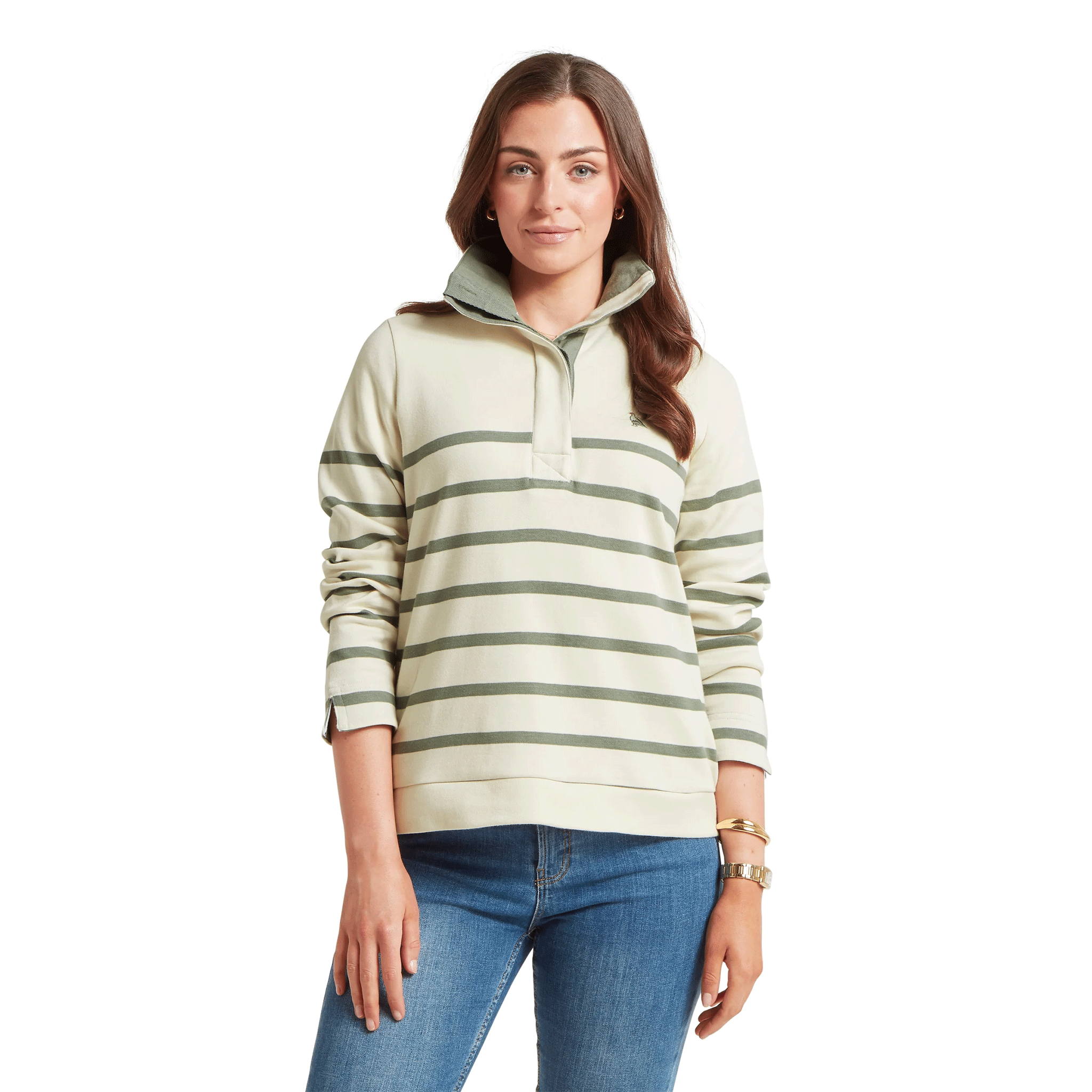 Schoffel Sandown 1/4 Zip Sweatshirt in Pale Stone & Agave Green Stripe