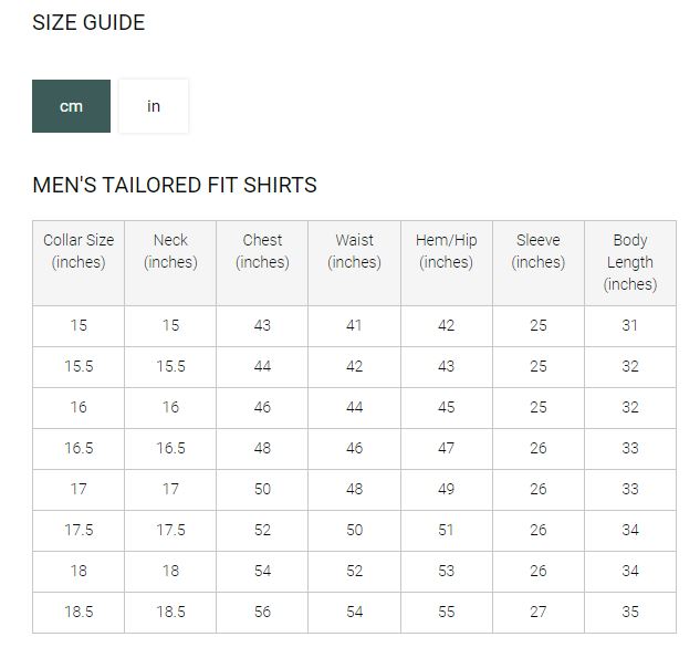 Schoffel Tailored Fit Shirts - Size Guide