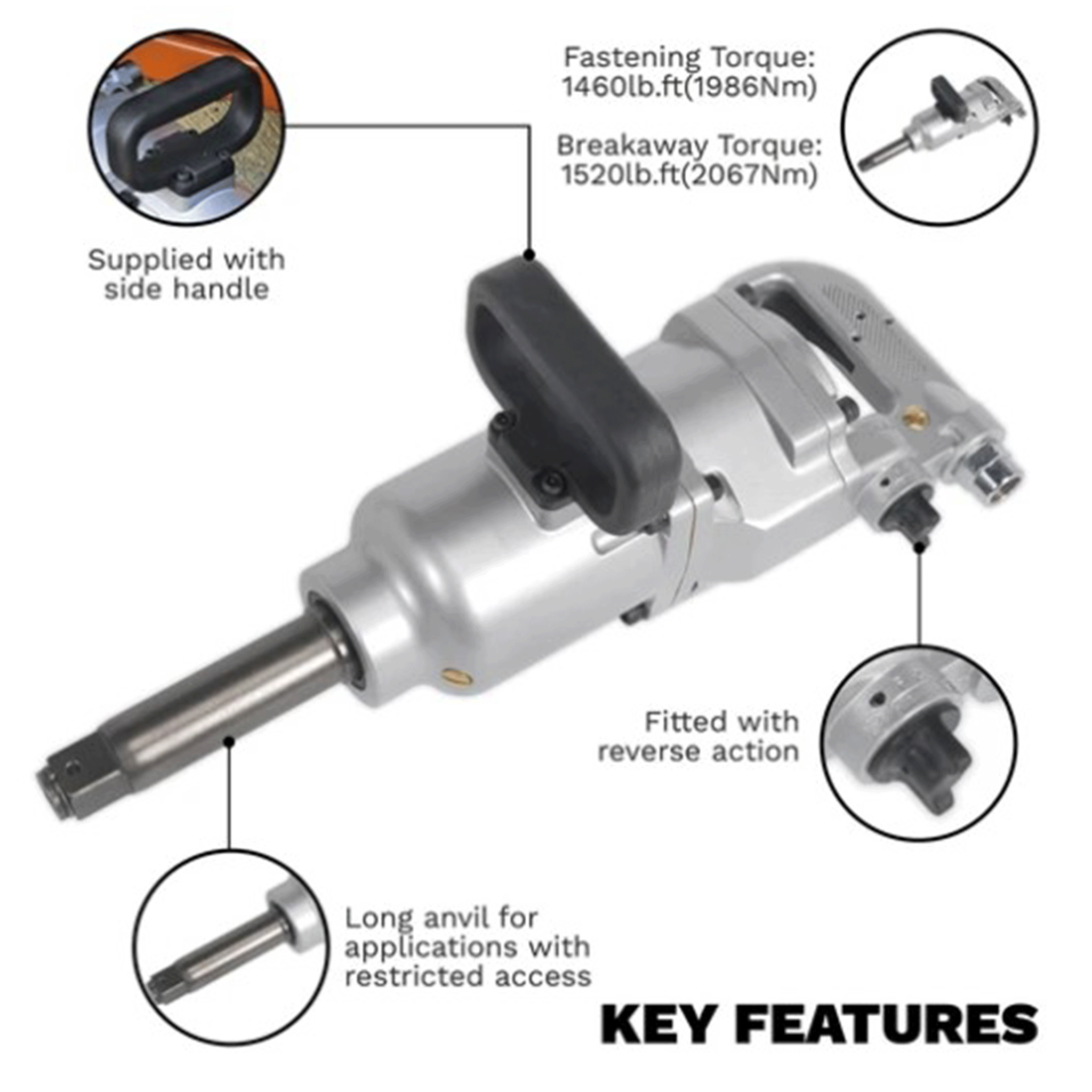 Sealey 1" Drive Long Anvil Air Impact Wrench SA29/S – Heavy Duty Pneumatic Impact Gun