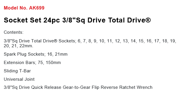 Sealey Socket Set 24pc 38Sq Drive Total Drive 4