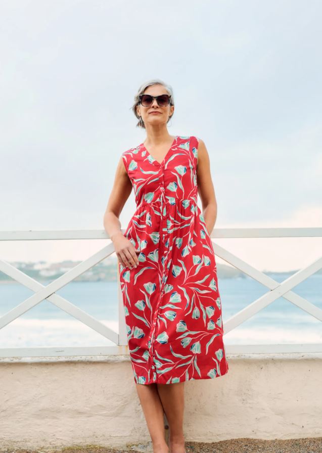 Seasalt Shale Way Sleeveless Dress Painted Tulips Tomato 2