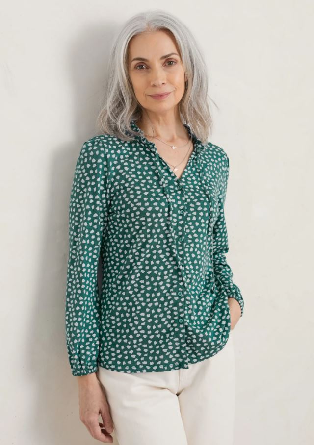 Seasalt Zelah Frilled Collar Shirt Speckled Petals Studio Green 2