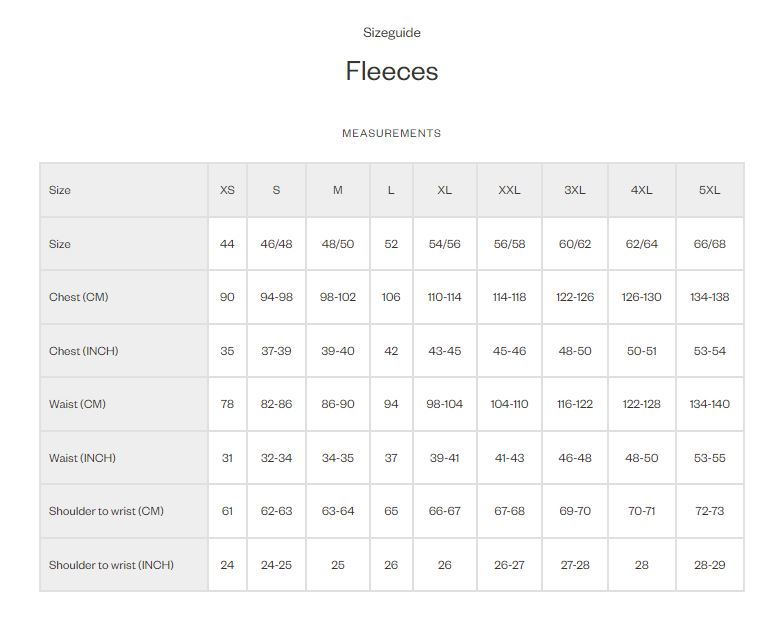 Seeland Fleeces - Size Guide
