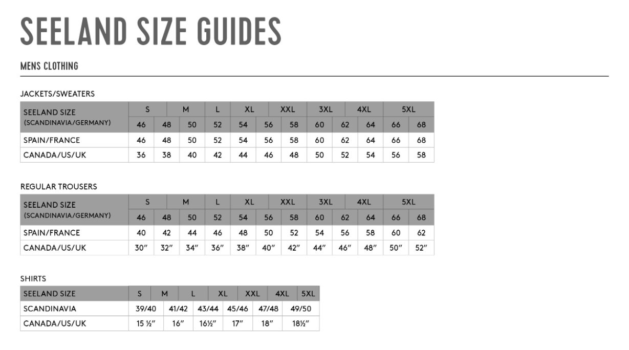 Seeland Mens' Size Guide