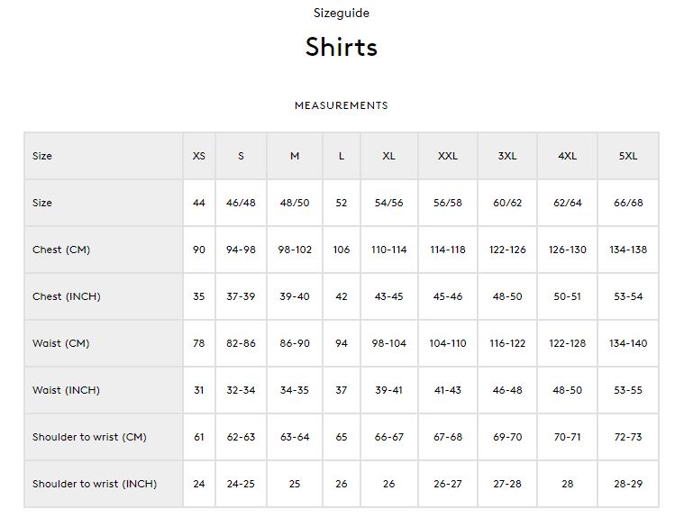 Seeland Shirts Size Guide