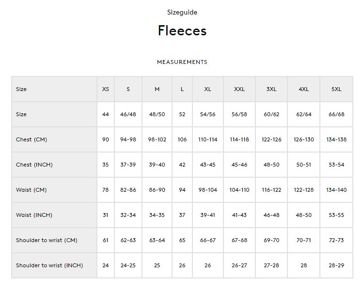 Seeland Size Chart - Fleeces