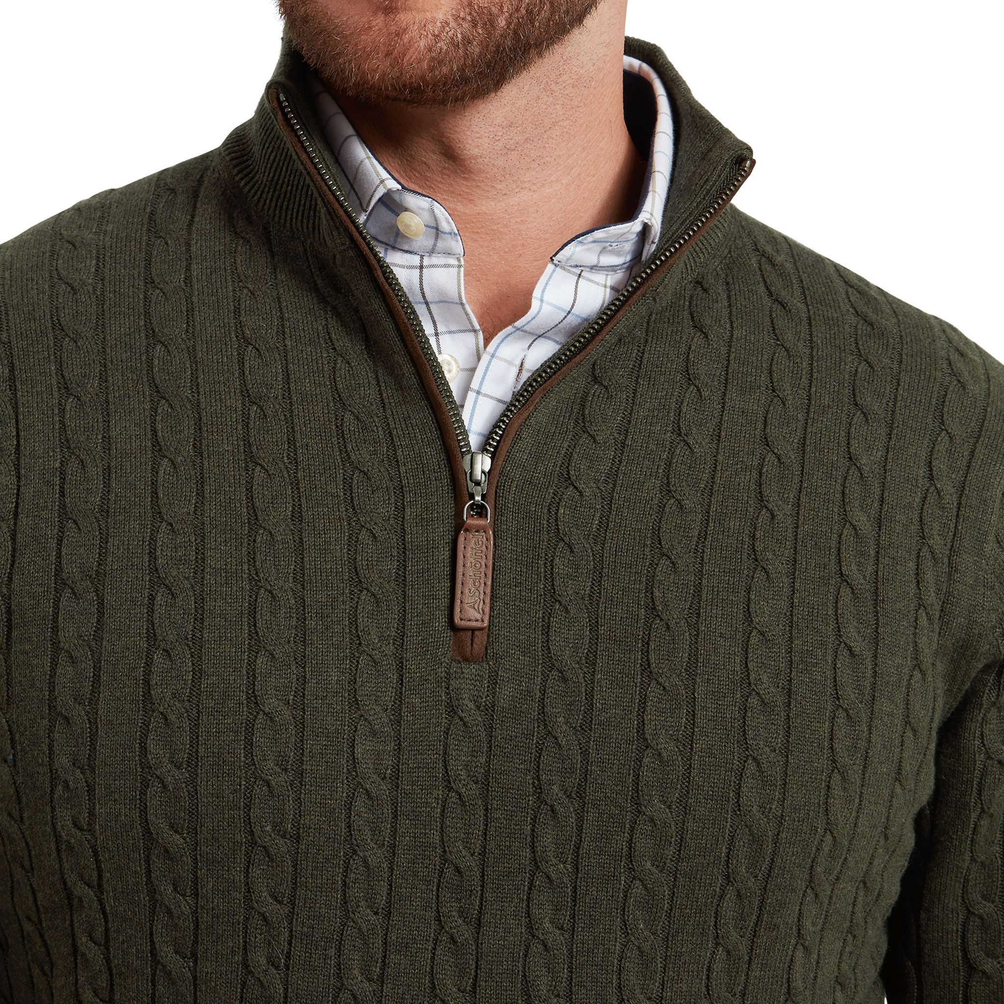 Schoffel Calton Cotton Cashmere Cable Quarter Zip Jumper in Loden Green