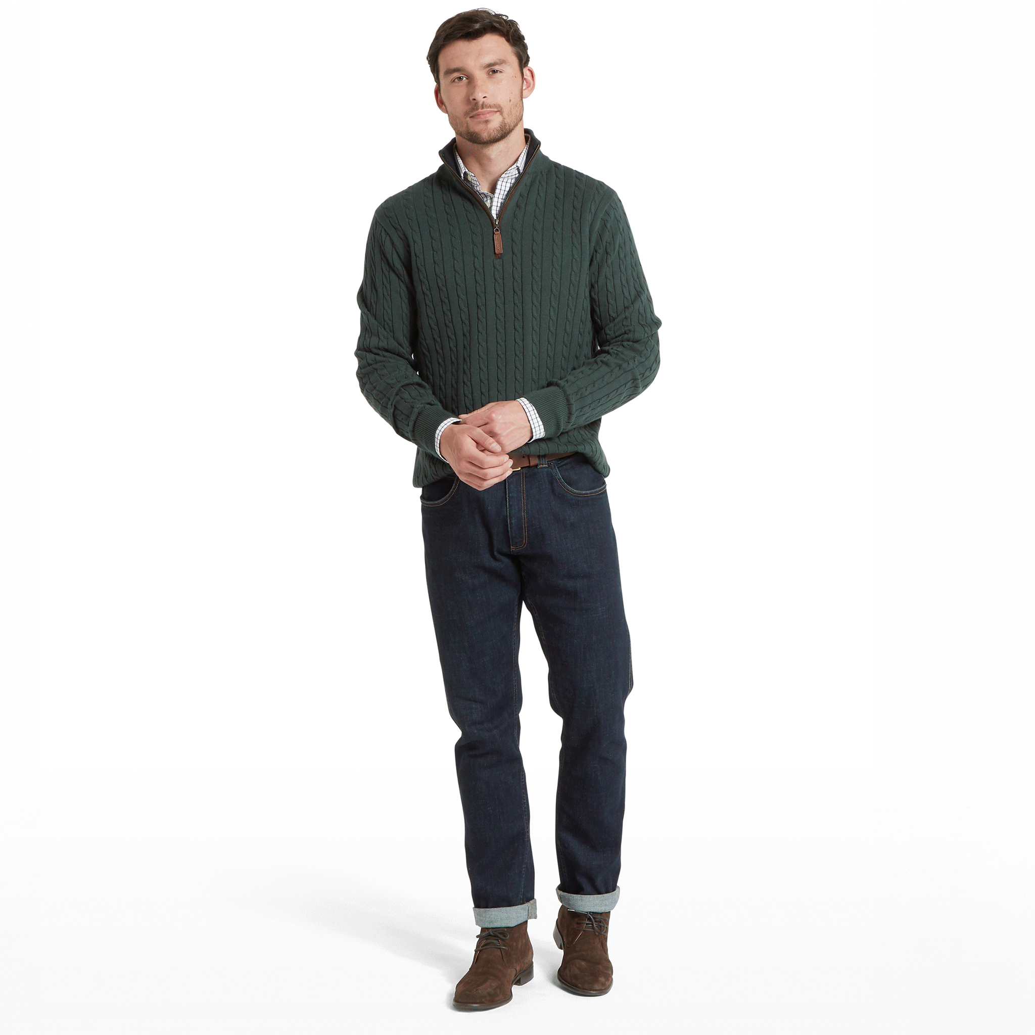 Schoffel Calton Cotton Cashmere Cable Quarter Zip Jumper in Botanical Green