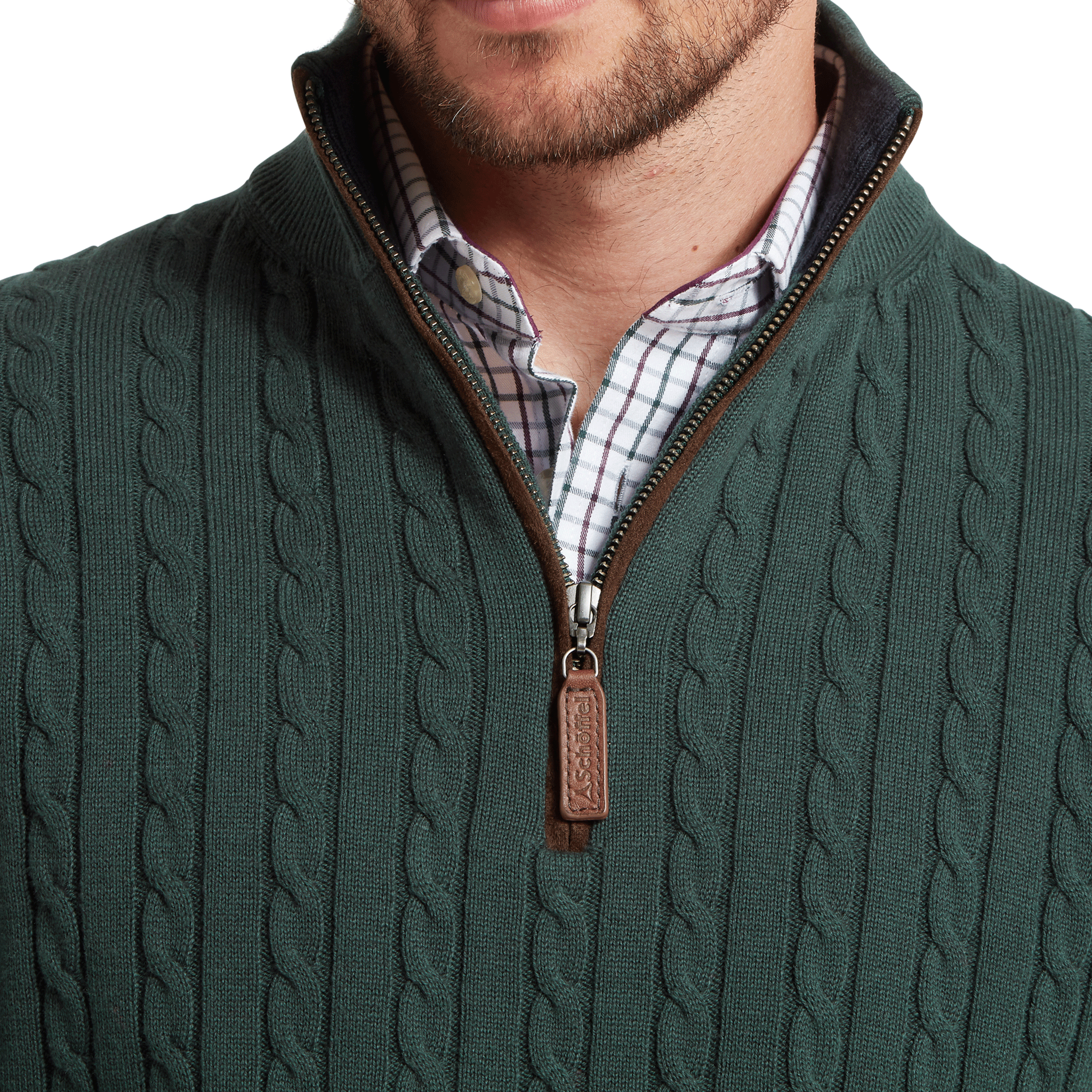 Schoffel Calton Cotton Cashmere Cable Quarter Zip Jumper in Botanical Green