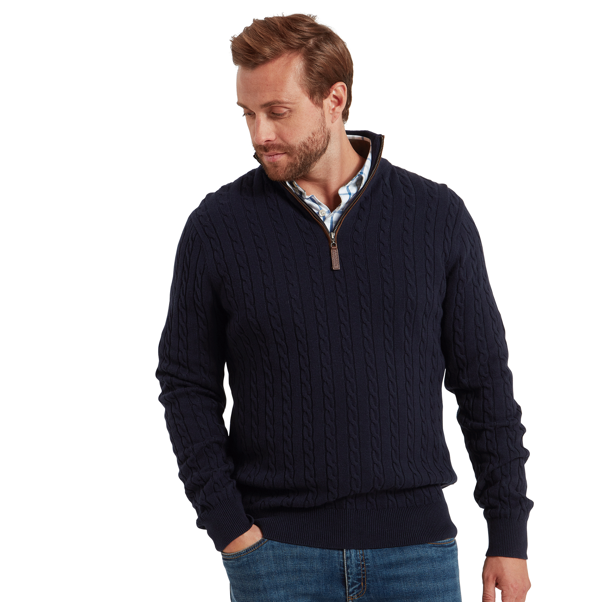 Schoffel Calton Cotton Cashmere Cable Quarter Zip Jumper in Navy