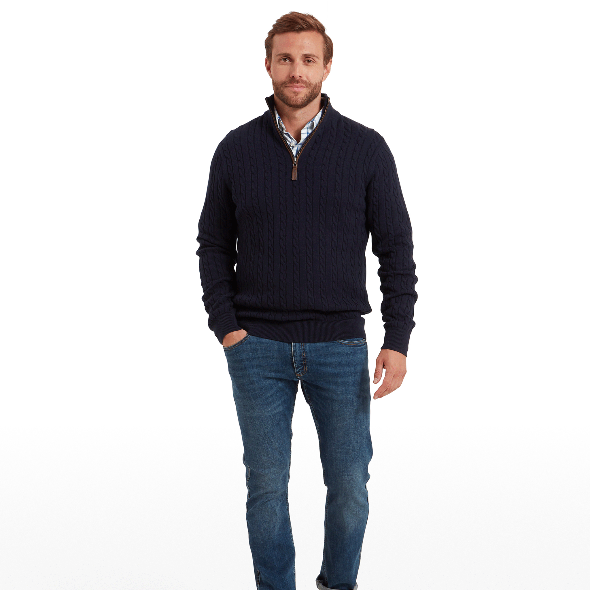 Schoffel Calton Cotton Cashmere Cable Quarter Zip Jumper in Navy