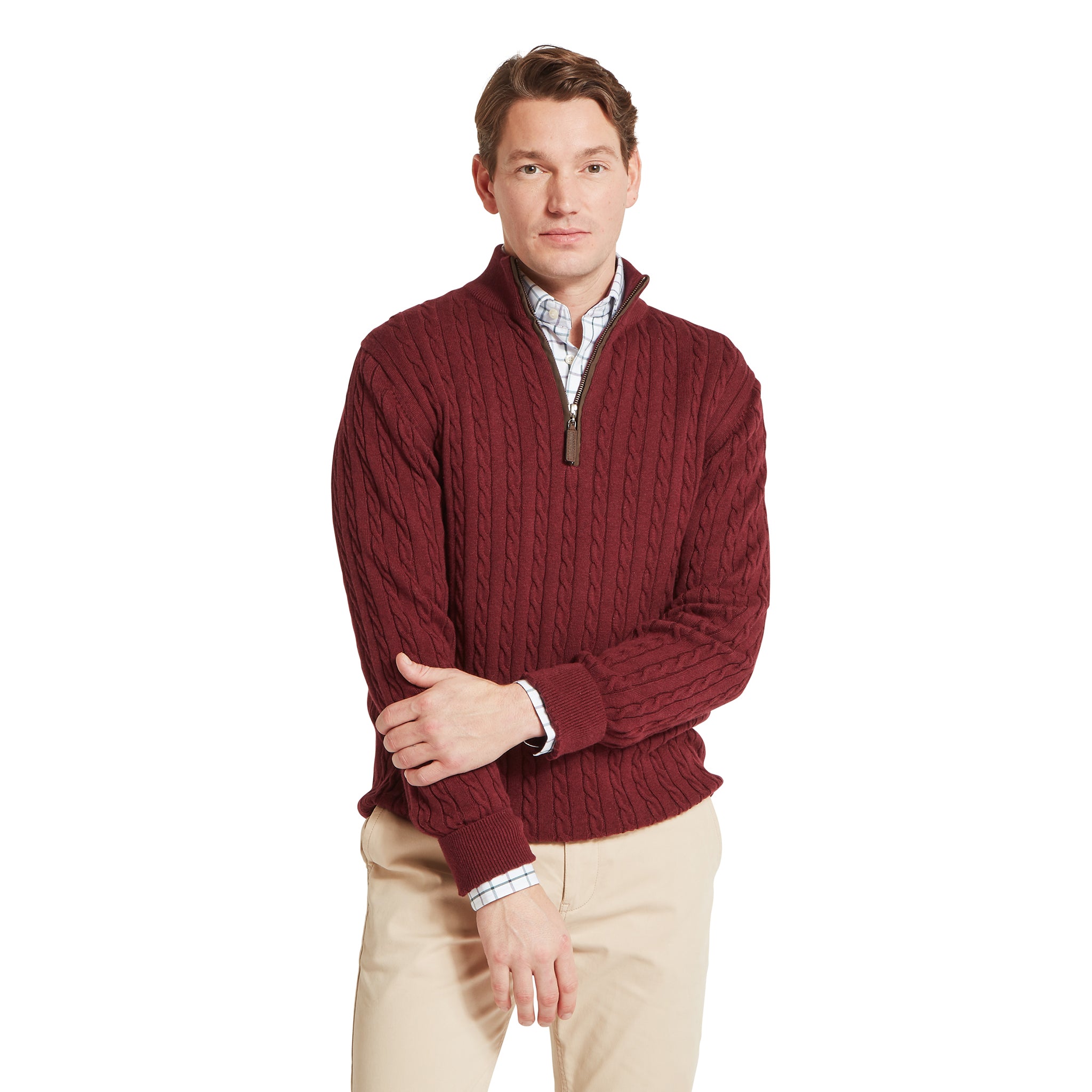 Schöffel Calton Cotton Cashmere Cable 1/4 Zip Jumper Burgundy