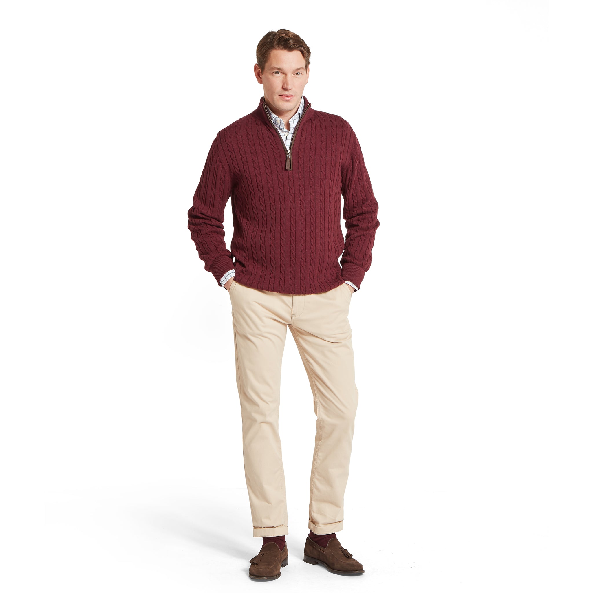 Schöffel Calton Cotton Cashmere Cable 1/4 Zip Jumper Burgundy