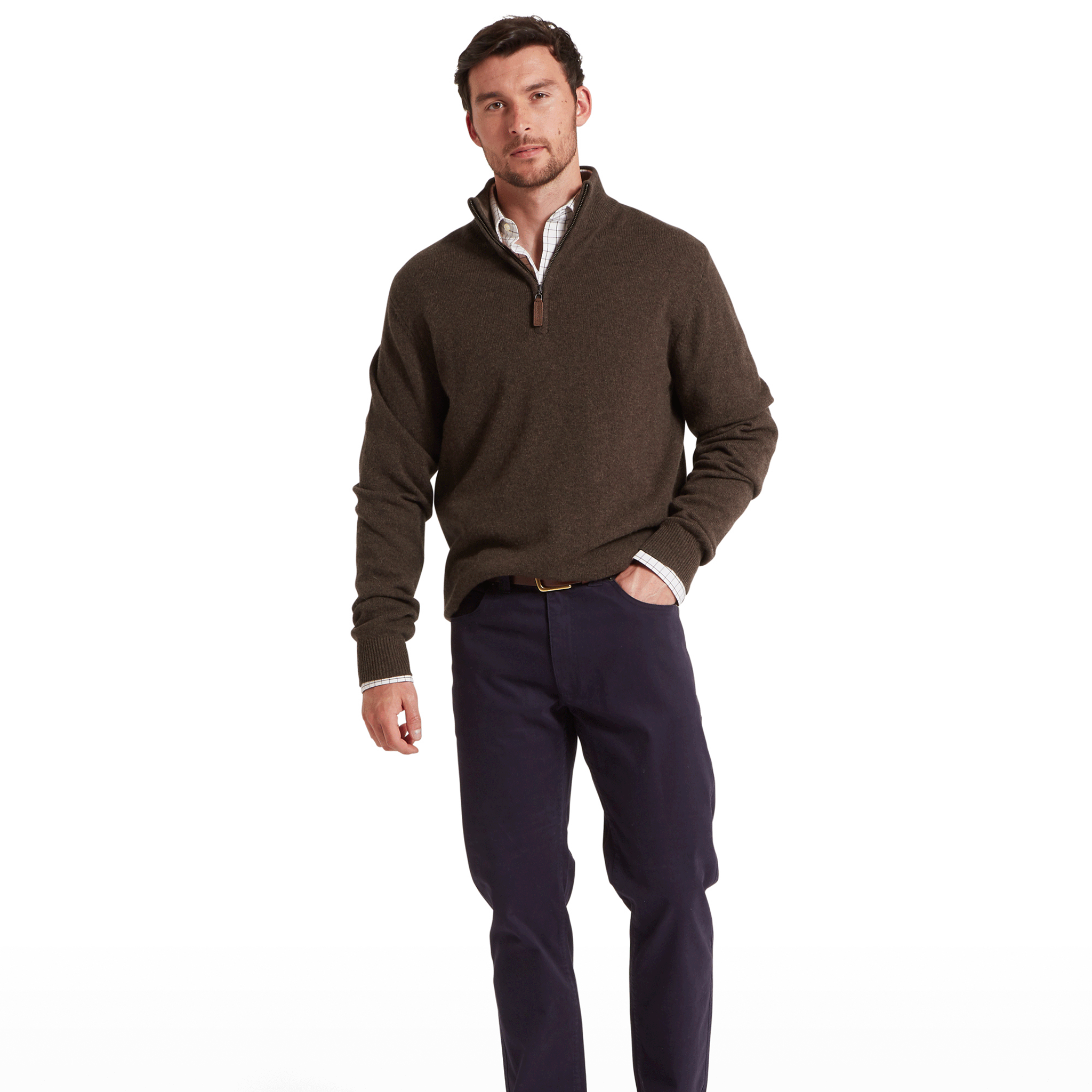 Schoffel Lewis Lambswool Quarter Zip Jumper in Chocolate