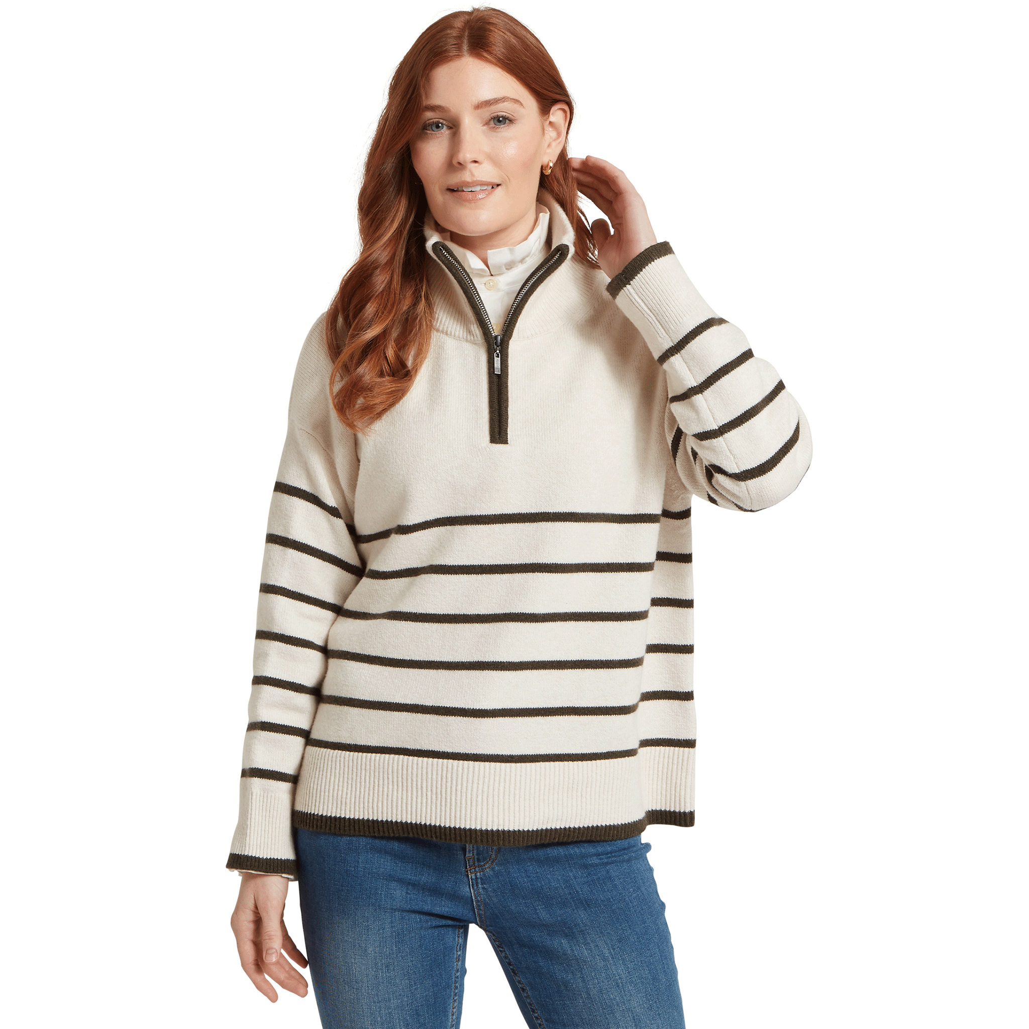 Schoffel Sandsend Quarter Zip Jumper in Soft White & Loden