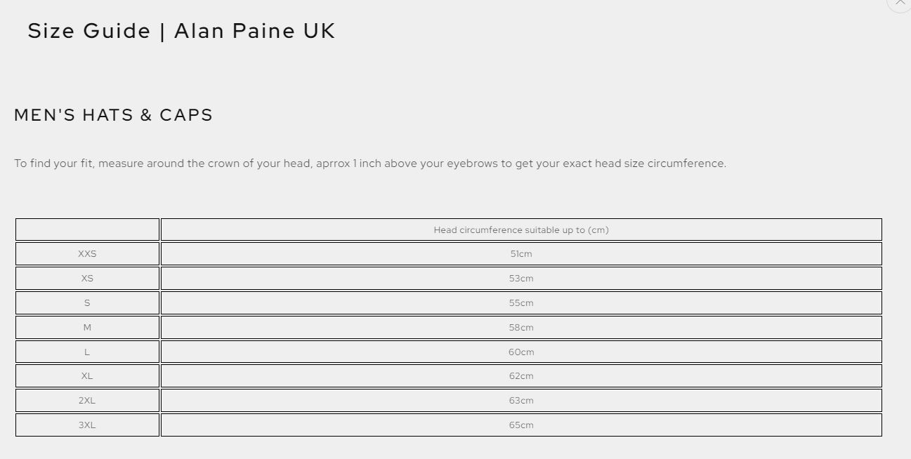 Alan Pain Men's Hats & Caps Size Guide