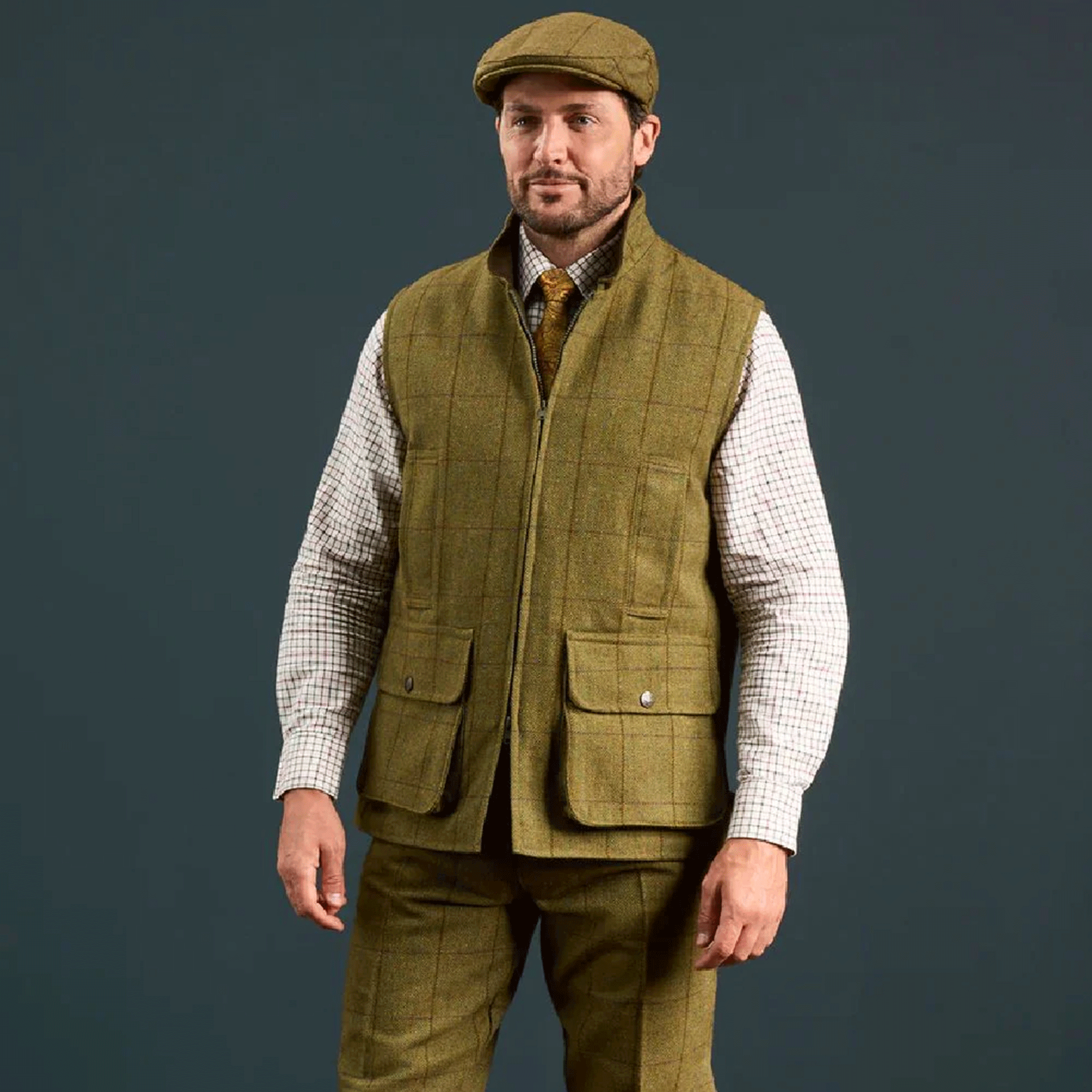 Alan Paine Rutland Tweed Waistcoat Lichen Green Mens