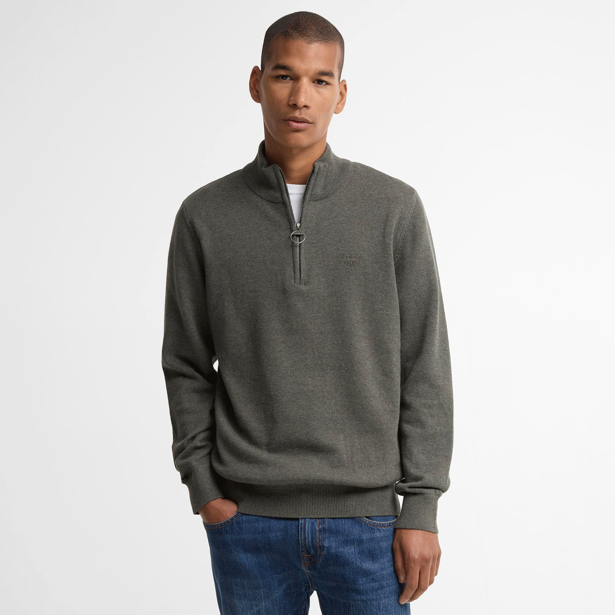 Barbour Cotton Quarter-Zip Jumper Olive Marl Mens