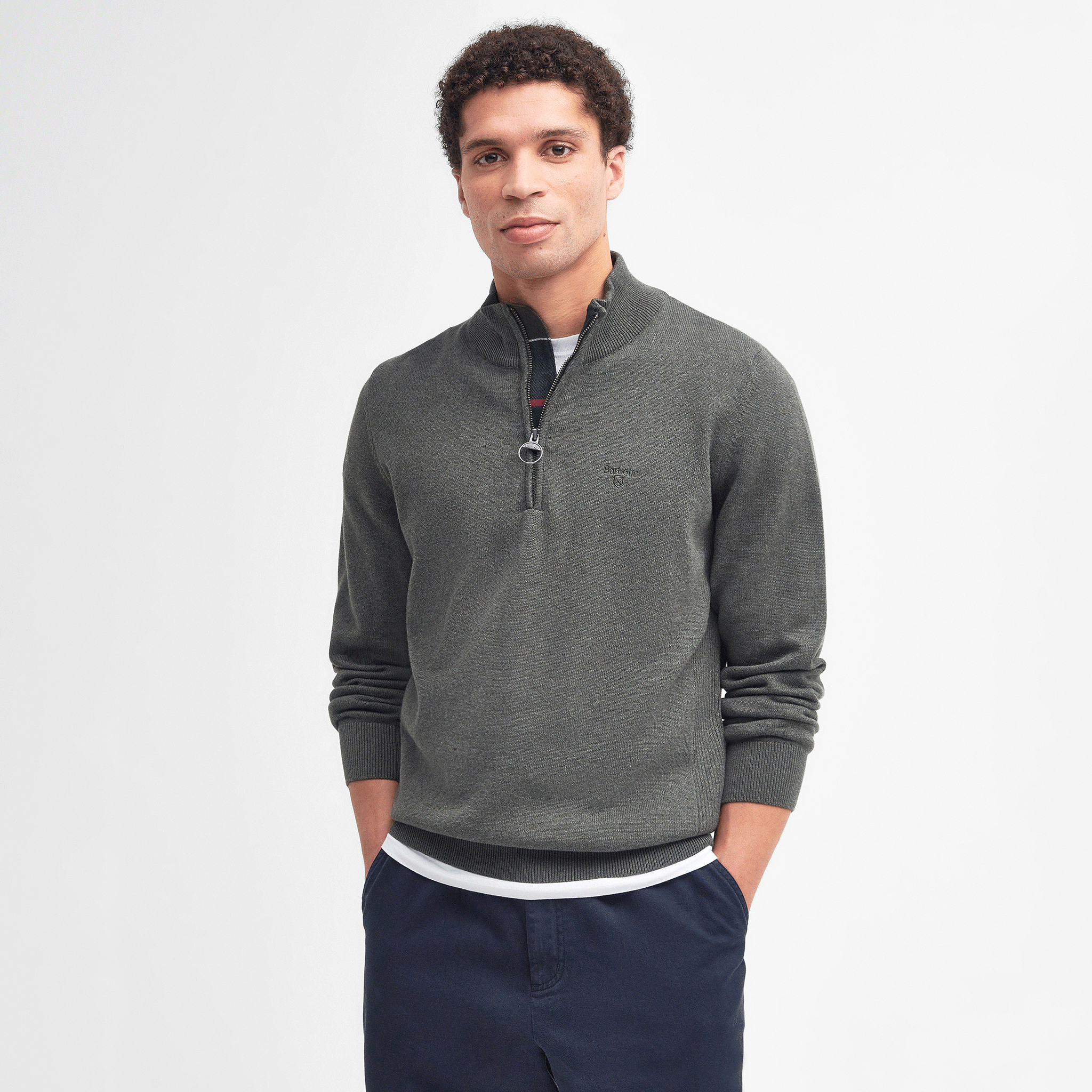 Barbour Cotton Quarter-Zip Jumper Olive Marl Mens