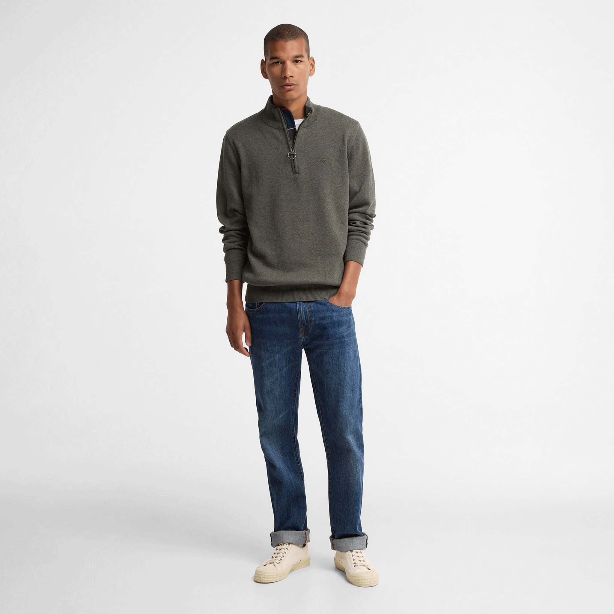 Barbour Cotton Quarter-Zip Jumper Olive Marl Mens