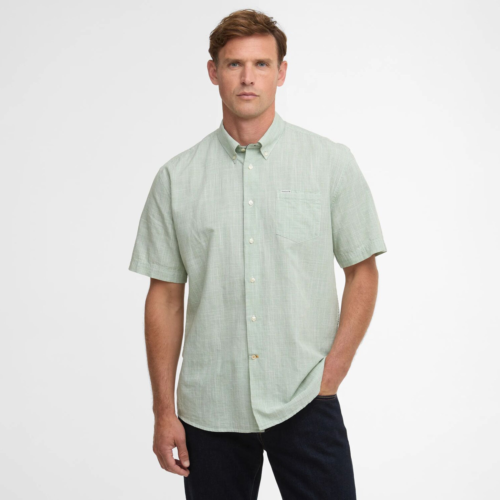 Barbour Fleming Men's Linen Blend Short Sleeved Shirt Loden Green