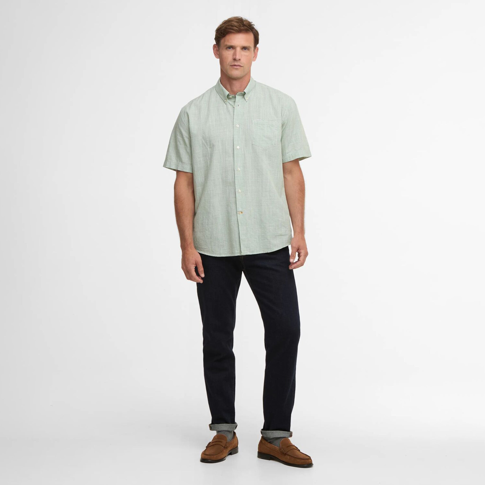 Barbour Fleming Men's Linen Blend Short Sleeved Shirt Loden Green