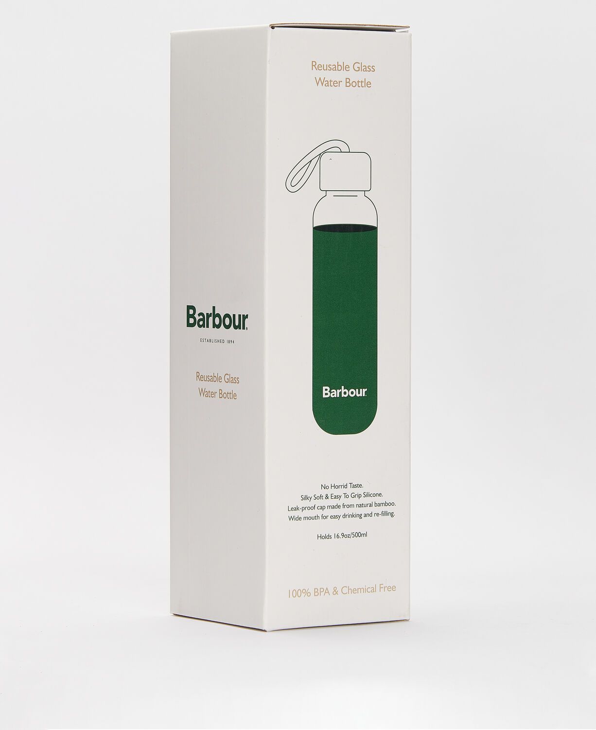 Barbour Glass Water Bottle with Silicone Sleeve 500ml Green 4