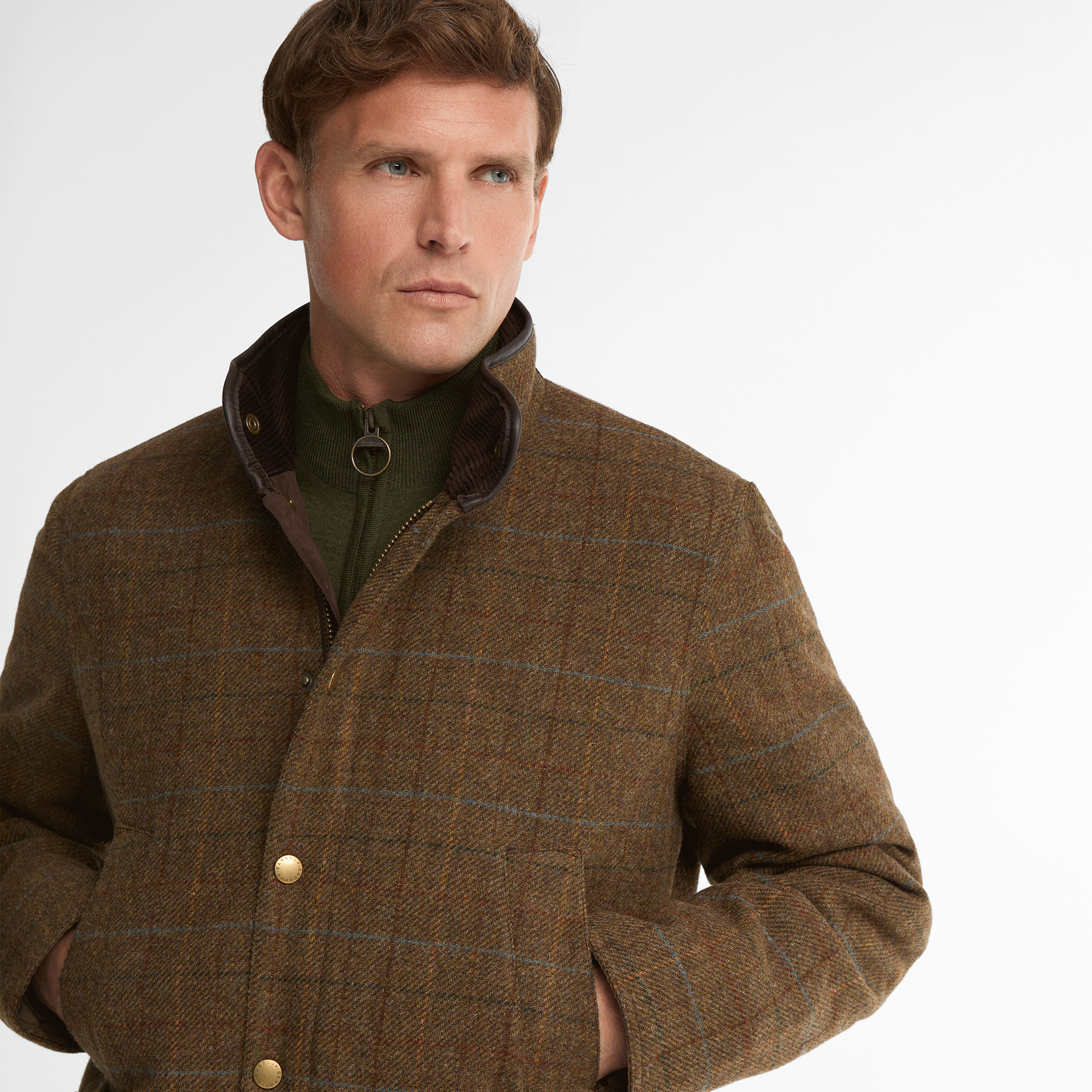 Barbour Hereford Tweed Wool Jacket Moss Green Mens