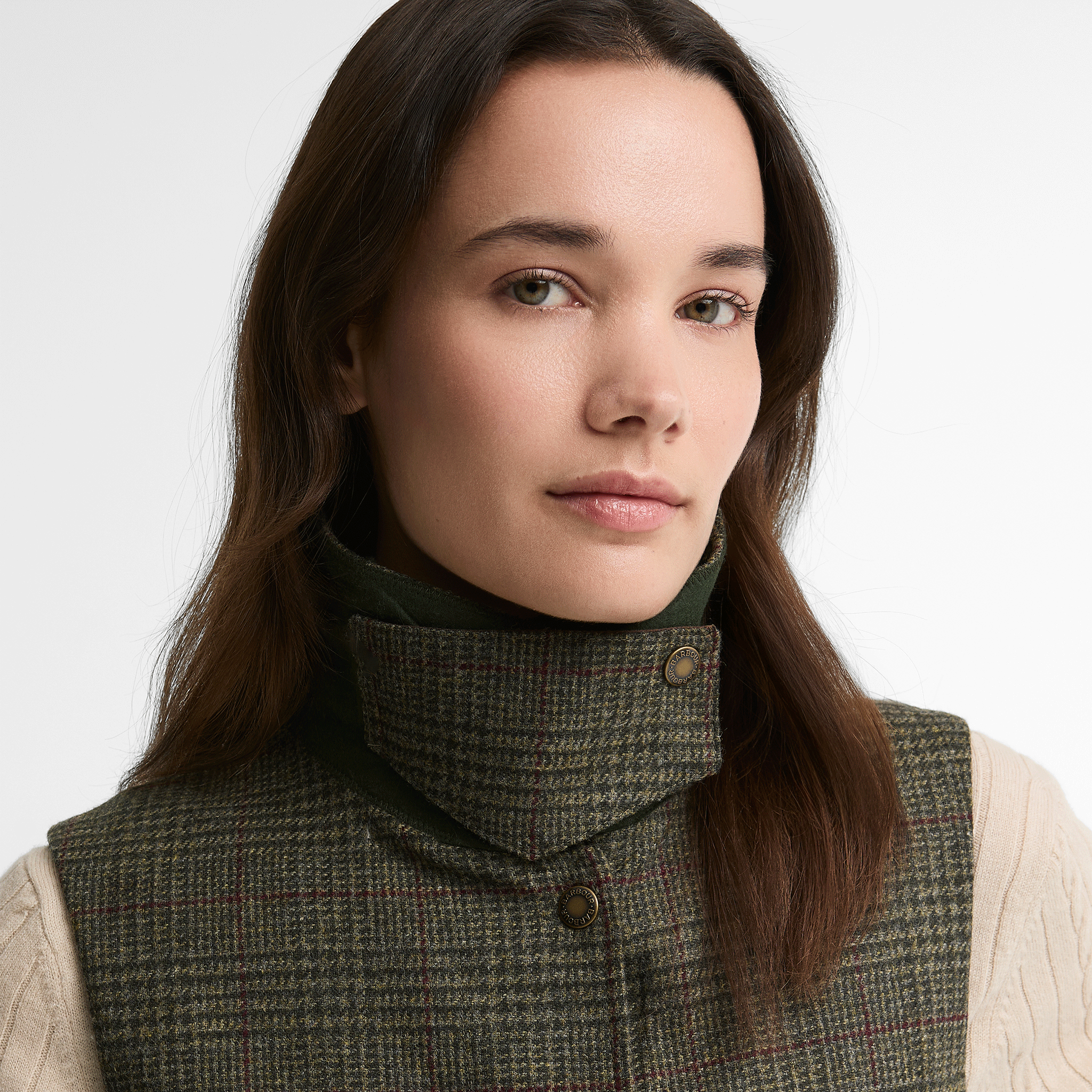 Barbour Joyce Wool Gilet Olive Prince of Wales Check Womens