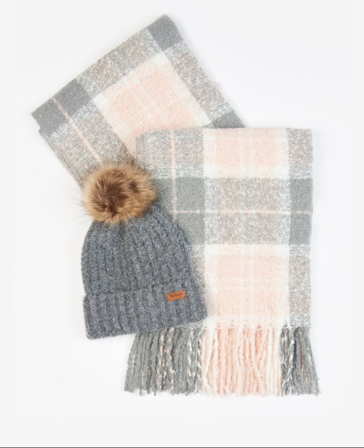 Barbour Ladies Saltburn Beanie & Tartan Scarf Set Grey Rose 5