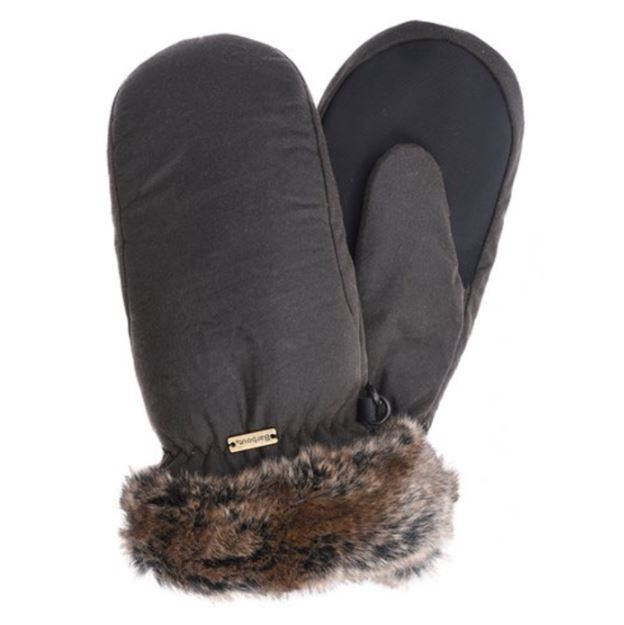Barbour Wax & Fur Trim Mittens Olive 1