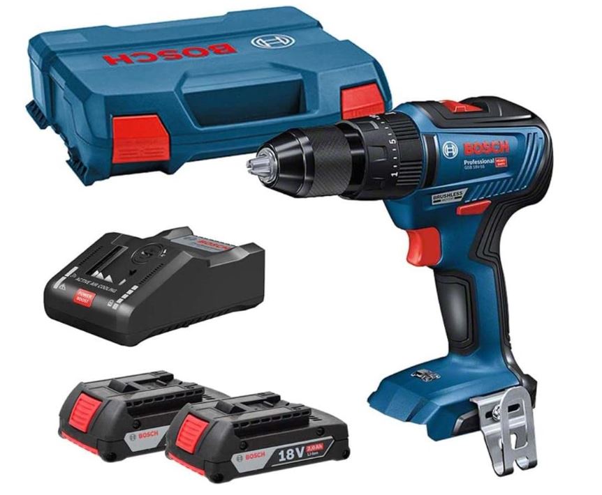 Bosch GSB 18V-55 Professional Cordless Combi Drill +1 x 2.0Ah + 1 x 4.0 Ah Li-ion Batteries +Drill Bit Set 1